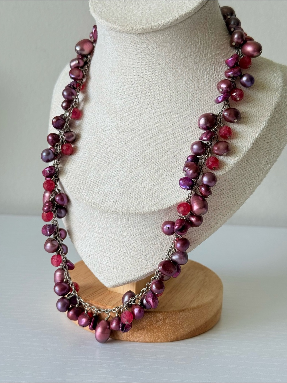 925 Sterling Pearl & Stone Cluster Necklace